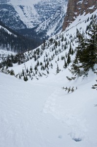 Inside the draw of the unnamed creek, I have just moved passed the location where my left snowshoe punched through.