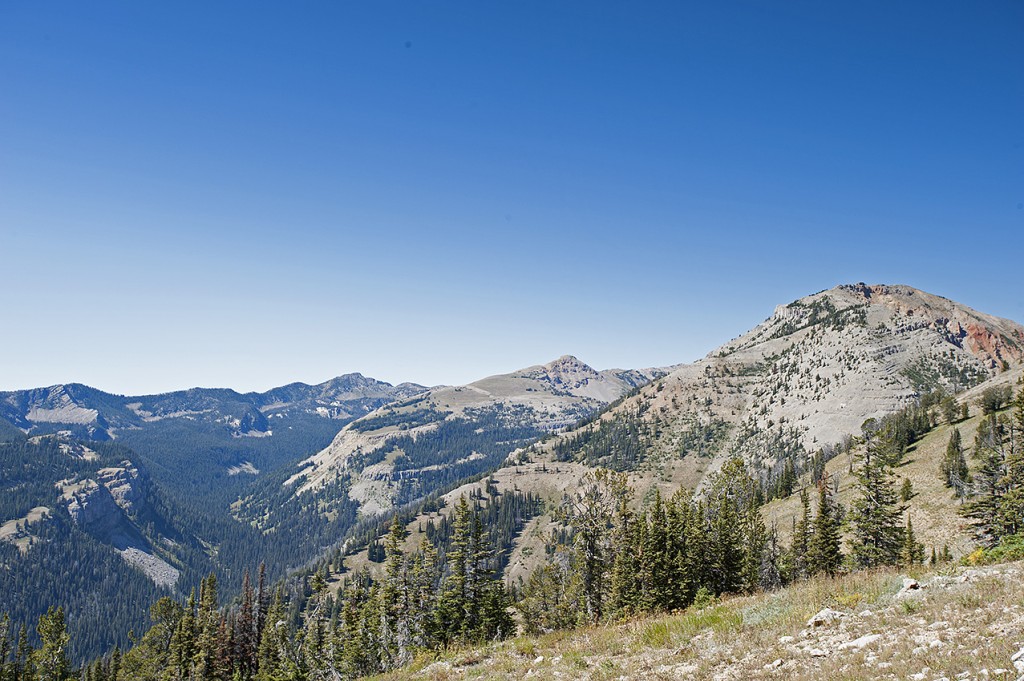 Three peaks on the Continental Divide in Idaho and Montana's Henrys Lake Mountains. From left to right, Black Mountain (10,237 ft), Targhee Peak (10,400 ft), Bald Mountain (10,180 ft).