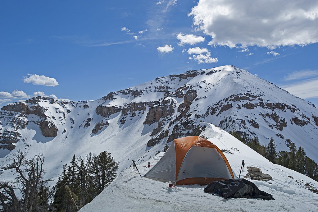 Camped on a saddle on top of the Continental Divide in Henrys Lake Mountains. Bald Peak (10,180 ft.) is in the background.