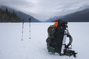 At the low end of Bowman Lake in Glacier National Park with a 90-pound backpack.