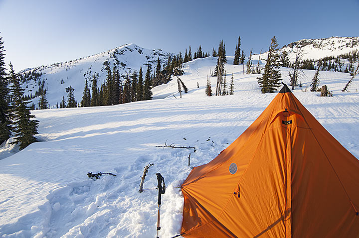 A four-season, single-pole pyramid tent on a pass in Selway-Bitterroot Wilderness