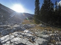 The setting sun on the cirque and ridge of the Continental Divide at the head of Big Lake Creek Canyon.