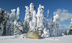 A winter camp on the Continental Divide near Two Top Mountain, Idaho and Montana